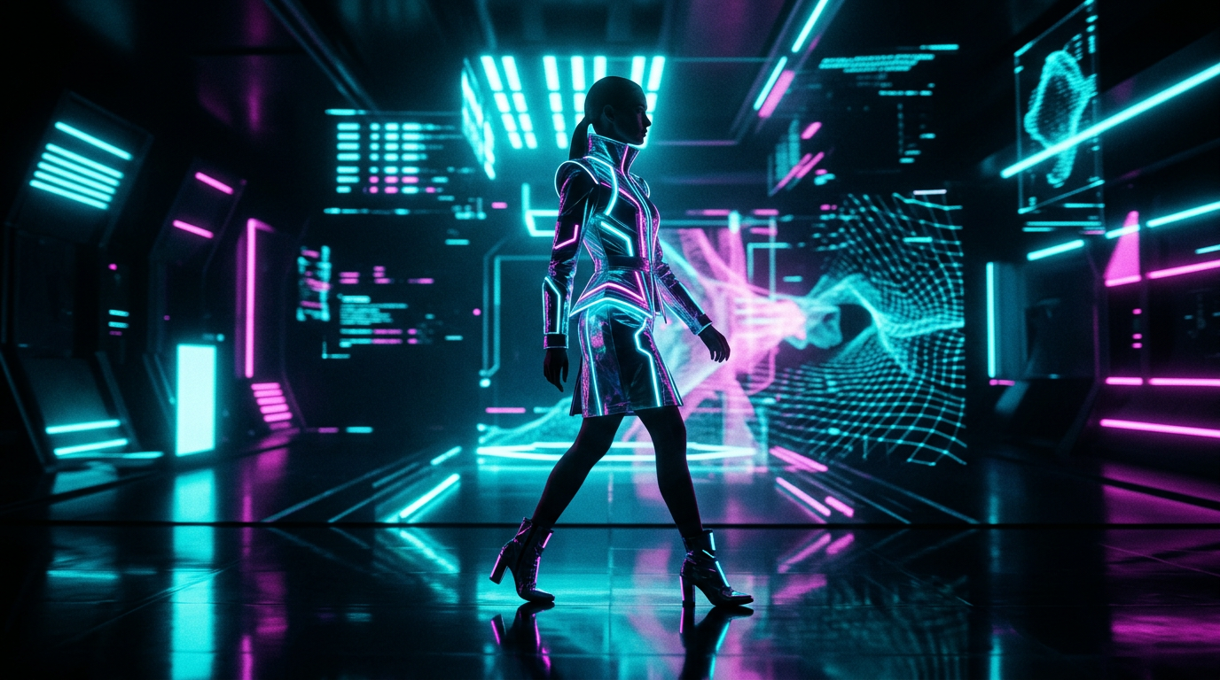 Zorq AI fashion editorial style visual in a futuristic neon environment